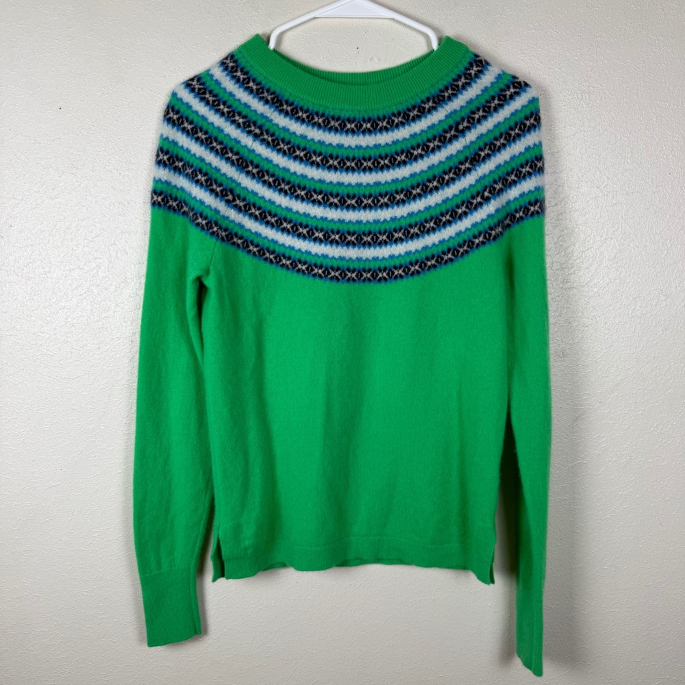 J.Crew Womens 100% Cashmere Fair Isle Yoke Sweater Green Blue Small Pullover